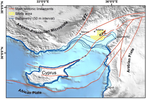 Figure 2. Simplified tectonic sketch map showing major fault lineaments (modified from CitationWalsh-Kennedy et al., 2014). The study area appears in yellow. EFZ: Ecemis Fault Zone and KFZ: Karataş Fault Zone.