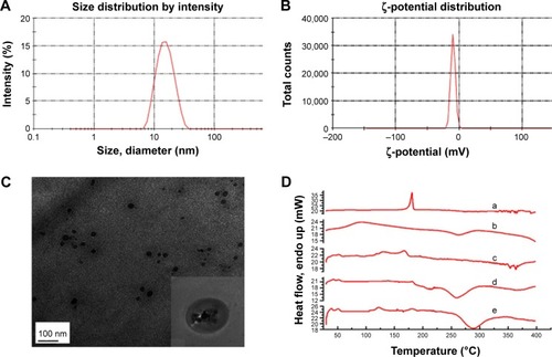 Figure 4 Characterization of FA-NPs.Notes: (A) Particle size; (B) ζ-potential; (C) TEM; (D) DSC spectra (curcumin [a], salvianolic acid B [b], physical mixture [c], blank NPs [d], FA-NPs [e]).Abbreviations: FA, folic acid; NPs, nanoparticles; TEM, transmission electron microscopy; DSC, differential scanning calorimetry.