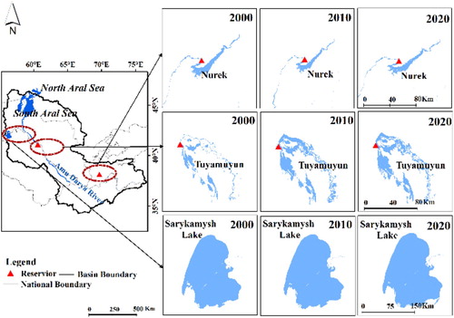 Figure 5. The water surface areas of reservoirs and Sarykamysh Lake in the Amu Darya basin in 2000 and 2020.