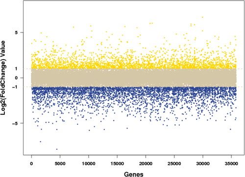 Figure 2. The log2(FoldChange) value distribution scatter plot of the difference comparison between control and Mn toxicity. Fold Change represents the ratio of gene expression value in the control to that in the Mn toxicity treatment. The yellow is the gene with log2(Fold Change) greater than 1, which represents Mn toxicity up-regulated gene; the blue is the gene with log2(Fold Change) less than −1, which represents Mn toxicity down-regulated gene; and the gray is the gene in the middle, which represents not-regulated gene by Mn toxicity.