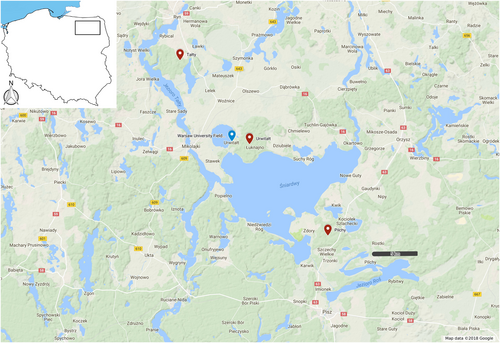 Fig. 4 Localizations of the study sites in the Mazury Lake District in N.E. Poland (Google Maps, 2018). Sites are approximately 10 km from one another in a NW-SE transect