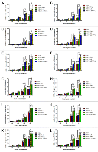 Figure 4. rNDV inserted TRAIL enhanced induce-tumor apoptosis potency. (A–L) Regression analyzed the rNDVs-induced B16-F10 (A–F) and H22 (G–L) lines apoptosis. Expression of each gene was calculated relative to the expression of housekeeping gene β-actin and the results are expressed as the n-fold difference relative to β-actin. All the values are the mean and SD of triplicate samples One-way ANOVA revealed a significant effect. *P < 0.05, **P < 0.01, vs control.