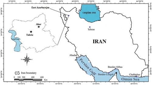Figure 1. Location of the Tabriz and Ahar synoptic stations in Iran (East Azerbaijan Province).