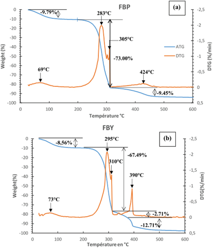 Figure 6. ATG-DTG curves of raw fibers: (a) FBP, (b) FBY.