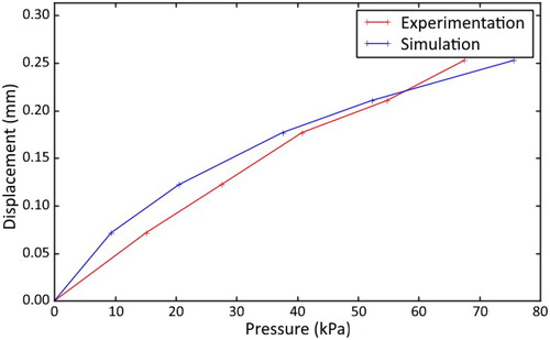 Figure 2. Experimental and simulated displacements of pressure applied at the top of the bead.