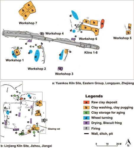 Figure 4. Plans of the Yuankou kiln and workshop from the Longquan Eastern Group and the Linjiang kiln and workshop from Ji’an (to scale).