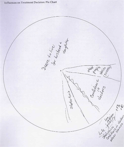 FIGURE 1 Sample pie chart for the relationship-embedded decision style. The pie chart offered a venue to identify influences steering the treatment decision and their relative weights (color figure available online).