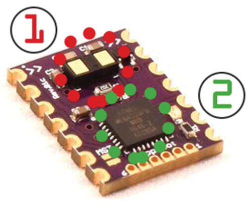 Figure 9. ToF sensor (1) with an embedded micro-controller (2).