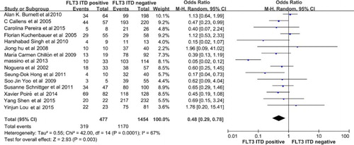 Figure 4. The pooled OR showing that the FLT3-ITD mutated group have a significant difference with the FLT3-ITD WT group (p = 0.003) in 5-year DFS. FLT3, Fms related tyrosine kinase 3, ITD, internal tandem duplication; WT, wild-type; OR, odds ratio; DFS, disease-free survival.