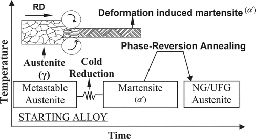 Figure 25. A schematic representation of phase reversion concept to obtain nanograined structure (adapted from references [Citation50,Citation51]). Similar approach was proven in microalloyed steels.