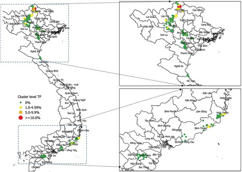 Figure 3. Geographic distribution of cluster-level prevalence of TF in children aged 1–9 years, Global Trachoma Mapping Project, Viet Nam, 2014.
