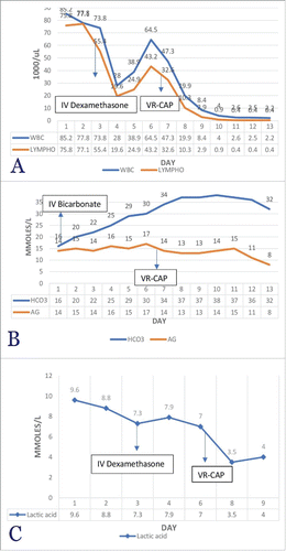 Figure 1. Showing the temporal Trends of (A) Bicarbonate and AG, (B) WBC count, Lymphocyte count, and (C) Lactic acid Levels over the course of hospital Stay. Figure A: temporal trend of Bicarbonate and AG. On Day 1, Bicarbonate Infusion was Started, and on Day 7, Chemotherapy was Started. Figure B: A Downward Trend of Leukocytosis and Lymphocytosis with IV Dexamethasone (Day 3) and VR-CAP (Day 7). Figure C: Declining Trend of Lactic Acid after IV Dexamethasone, Sodium Bicarbonate and Chemotherapy (VR-CAP).
