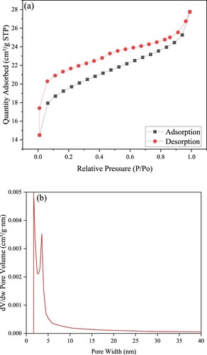 Figure 5. Nitrogen adsorption–desorption curves (a) and pore size distribution (b).