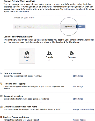 Figure 1. The standard privacy settings as seen on a new Facebook profile (Facebook Privacy Settings Citation2011).