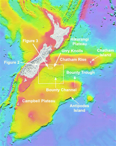 Figure 1  Regional bathymetric chart of the region surrounding New Zealand showing the locations of the multibeam surveys discussed in the text. Boxes show the areas in Figs. 2, 3. This chart (CANZ Citation2008) was cropped from one provided by New Zealand's National Institute of Water & Atmospheric Research (NIWA). Content, datasets and imagery are provided by NIWA. Used with permission of NIWA.