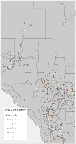 Fig. 2 Location and severity of blackleg symptoms in 353 canola fields in Alberta, 2023.