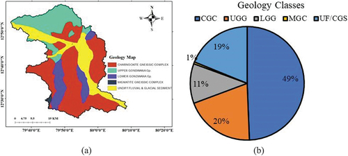 Figure 4. (a) The geology map for study area, and (b) The geology class distribution graph of study area.