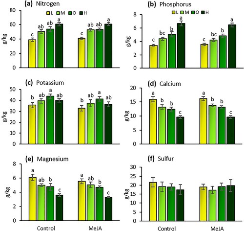 Figure 5. Concentrations of nitrogen (a), phosphorus (b), potassium (c), calcium (d), magnesium (e), and sulfur (f) in the leaves of tomato plants (mean g/kg ± SE) exposed to four fertilizer regimens (L = low, M = medium, O = optimal, and H = high) with and without induction by methyl jasmonate (MeJA). Different letters indicate significant differences among treatments (two-way multivariate analysis of variance, P < 0.05). n = 5.