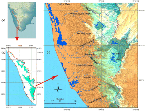 Figure 1. Distribution map of Phyllagathis indica ((a) Peninsular India; (b) Kerala; (c) Red dot indicates the type locality in a part of enlarged map of Kerala).