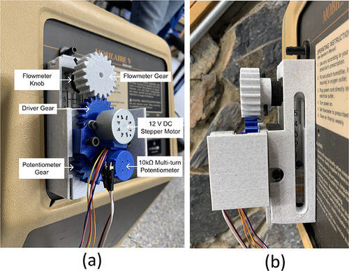 Figure 3 (a) Concentrator attachment module and gear system clamped to flow meter. (b) Concentrator attachment side view with an insert designed for users to read the oxygen flow rate ball position.