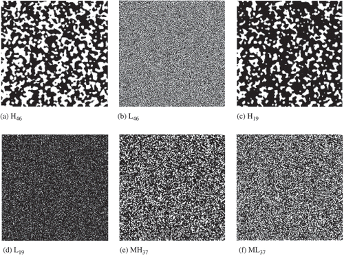 Figure 2. Simulated reference maps with different spatial autocorrelation and class proportions. (a) High spatial autocorrelation and low class proportion difference (H46). (b) Low spatial autocorrelation and low class proportion difference (L46). (c) High spatial autocorrelation and high class proportion difference (H19). (d) Low spatial autocorrelation and high class proportion difference (L19). (e) Medium high spatial autocorrelation and medium class proportion difference (MH37). (f) Medium low spatial autocorrelation and medium class proportion difference (ML37). Class ‘1’ is black and ‘0’ is white.