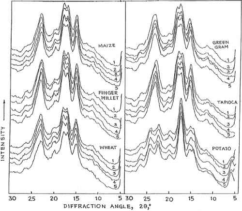 Figure 1 X-ray diffractograms of selected starches before and after modification With acids. 1 = Native, 2 to 5, modified with HCl, HNO3, H2SO4 and H3PO4, respectively (0.5 N acid, 50°C, 1.5h).