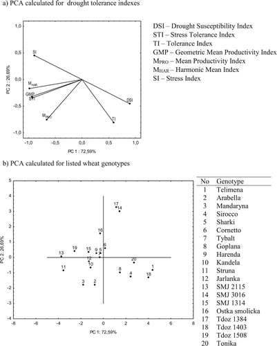 Figure 3. Principal component analysis (PCA) of drought tolerance indexes for (a) dry biomass (DM) and (b) genotypes.