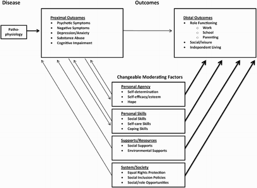 Figure 1.  Treatment implications based on the distinction between proximal vs. distal effects of schizophrenia. The proximal effects are the most immediate consequences of the illness in areas such as symptoms and cognitive impairment, whereas the distal effects are the longer term consequences on areas such as role functioning and independent living. Changeable moderating factors at the level of the person, the environment and society have a stronger influence on distal outcomes than proximal outcomes. Therefore, psychosocial treatment should focus primarily on targeting the distal, functional outcomes of schizophrenia, and focus on the proximal, symptomatic and cognitive outcomes only when they clearly interfere with efforts to improve functioning.