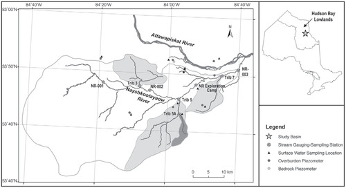 FIGURE 1. Map of the study area. Inset map shows location in province of Ontario, Canada. Main map identifies study sub-catchments and monitoring locations in the Nayshkootayaow River basin.