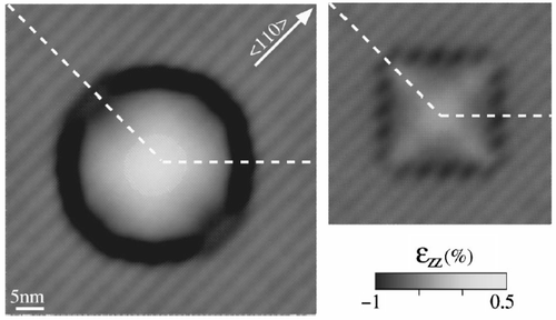 Figure 4. Computed z component of the strain tensor 2 nm below a sharp Ge–Si interface, in the region under a dome (left panel) and a pyramid (right panel) Citation65. Reprinted with permission from P. Raiteri, L. Miglio, F. Valentinotti, M. Celino, Appl. Phys. Lett. 80, 3736 (2002). Copyright 2002, American Institute of Physics.