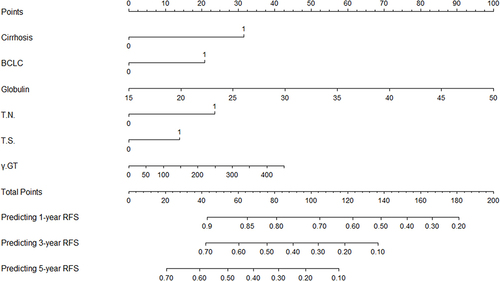 Figure 3 Nomogram used to predict time-related recurrence in patients with early-stage HCC to whom CECT was applied after ablation.