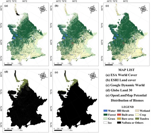 Figure 4. Multi-source data products: (a) land cover of ESA World Cover in 2020; (b) land cover of ESRI Land Cover in 2020; (c) land cover during the growing season of Google Dynamic World in 2020; (d) distribution of tundra and shrublands in GlobeLand30; (e) distribution of tundra in Open Land Map.