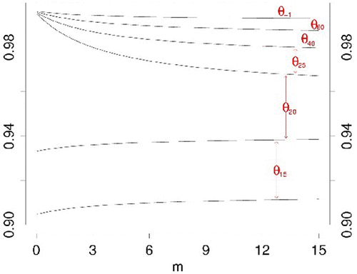 Figure 2: Partition of (0.9,1.0) vertical axis as magnified from Figure 1. The partition is a function of the hyperparameter m.