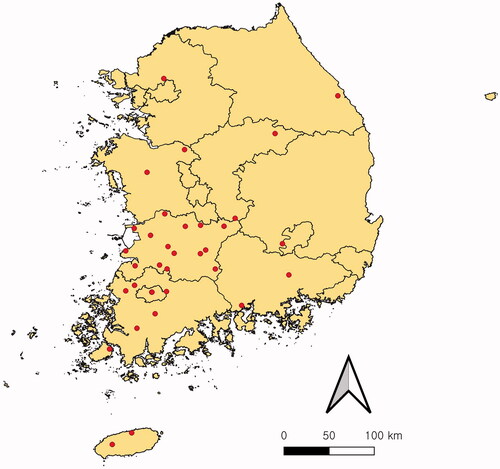 Figure 1. Location of the 34 sampling sites (red dot) in South Korea. The map was created using QGIS v.3.24.