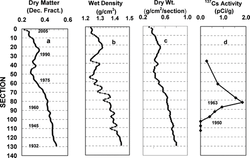 Figure 2 Changes in sediment physical properties and 137Cs activity with sediment depth.