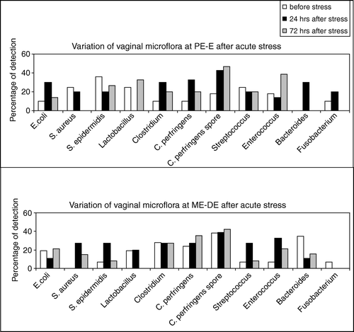 Figure 2.  Variation of the rat vaginal microflora throughout the estrous cycle after acute stress. The upper panel shows the alterations in the specific bacteria at PE and E, 24 h (black columns) and 72 h (grey columns) after acute stress. The lower panel shows the alterations in the specific bacteria at ME and DE, 24 h and 72 h after acute stress. The values are expressed as percentage of the animals where the bacterium was detected.