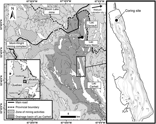 Figure 1. Map of the study area in eastern subarctic Quebec and bathymetric contours (in meters) of the northern basin of Lac Carheil (modified from MRN Citation1977).