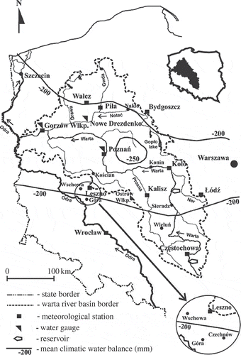 Fig. 1 Map of the Warta River catchment area showing the location of meteorological stations and gauges, and the climatic water balance (April–September) in 1970–2004 (according to Łabędzki Citation2011).