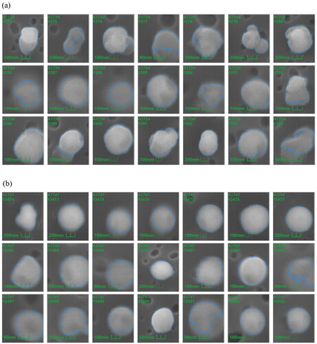 Figure 4. Typical micro-images of particles detected automatically by 5 kV CCSEM in San Rafael wildfire samples collected (a) outdoors and (b) indoors, both clearly dominated by nearly spherical, 200 nm, low-contrast BSE particles, consistent with carbonaceous tar balls. The scale for each micro-image ranges between 0.4 and 9 µm.