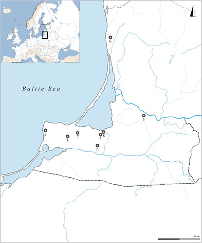 Fig 8 Distribution showing the origin of the archaeologically derived metal samples: former East Prussia (Kaliningrad region of Russia and western Lithuania). (1) Ekritten (Sirenevo); (2) Grebieten (Povarovka/Pokrovskoje); (3) Linkuhnen (Rzhevskoje); (4) Löberstoff (Slavjanskoje); (5) Popelken (Prudovka); (6) Ramutten-Jahn (Girkaliai); (7) Trentitten (Zajcevo); (8) Viehof (Tiulenino). Image by R Shiroukhov.