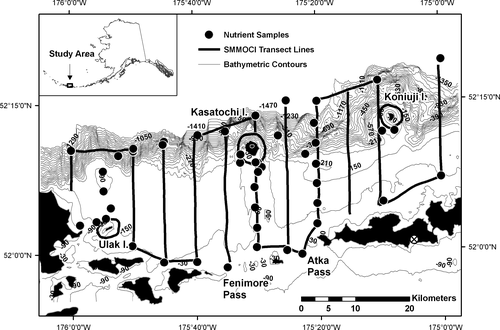 Figure 1 Location of the Kasatochi study area in the central Aleutian Islands with place names, sampling stations, and transects in the study area. Bathometric contours illustrate the position of Kasatochi atop the Aleutian Ridge. Data were collected in 1996, 2003, and 2009.