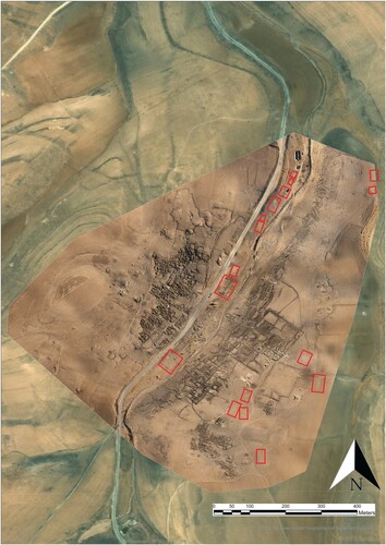 Figure 16. Plan of the remains of Bedouin camps on the site in the area covered by ORTHO19 (marked by red boxes).