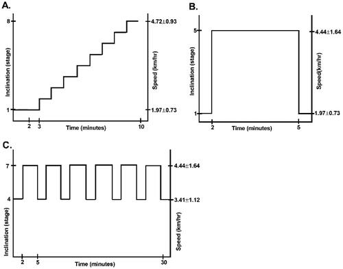 Figure 1. Diagram of the interval training strategy for severe COVID-19 survivors. (A) Incremental test, (B) continuous test and (C) interval training scheme. The lower and upper limits of inclination and speed corresponding to 60% and 80% of the maximum load of the incremental test.