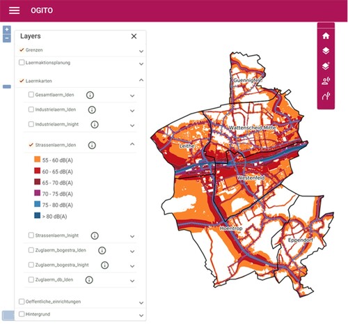 Figure 6. Modeled noise map for roads – day-evening-night noise levels (Lden) (Screenshot from application)Note: Refer to Appendix D for short descriptions of German terms