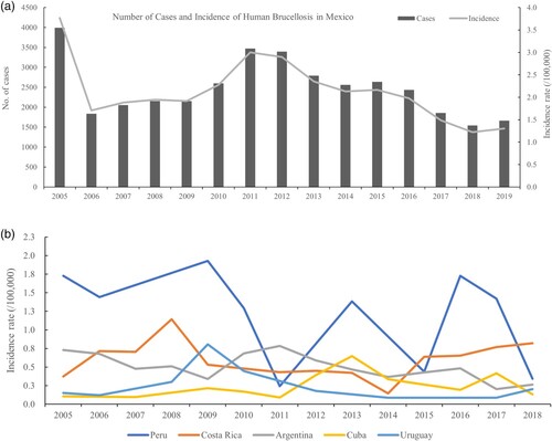 Figure 5. The incidence rate (/100,000) profile in American countries (a (Mexico) and b) with a high disease burden, from 2005 to 2019.Note: the number of cases and the incidence rates of human brucellosis are from public open-source from OIE-WAHIS databases.