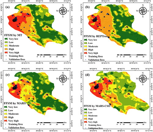 Figure 6. Susceptibility map of wildfire for the area under study via a) MARS-CSO, b) REPTree, c) MARS, and d) MARS-CSO models.