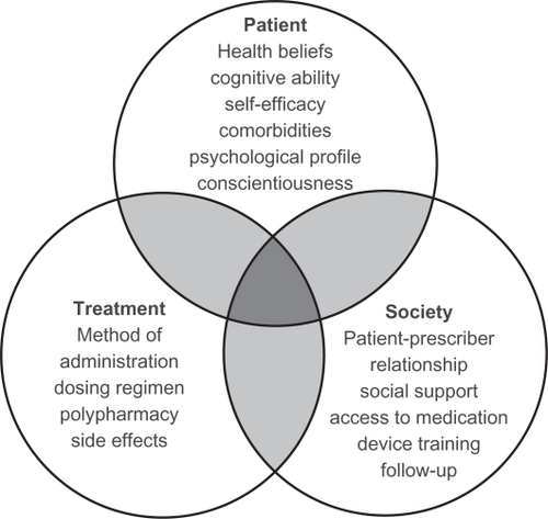 Figure 1 Patient adherence in chronic obstructive pulmonary disease is multifactorial and is influenced by the patient, the clinician, and society.Copyright© 2010. Reproduced with permission from BMH Publishing Group Ltd. Bourbeau J, Bartlett SJ. Patient adherence in COPD. Thorax. 2008;63:831–838.Citation19