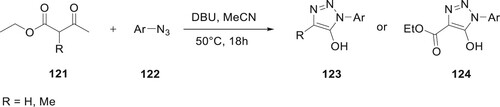 Scheme 24. Synthesis of 5-hydroxy-1,2,3-triazoles and β-ketoesters substituted 5-hydroxy-1,2,3-triazoles