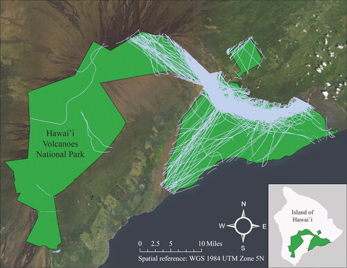 Figure 1 Overflight routes within a half-mile of Hawai‘i Volcanoes National Park (the polygon represented in green).