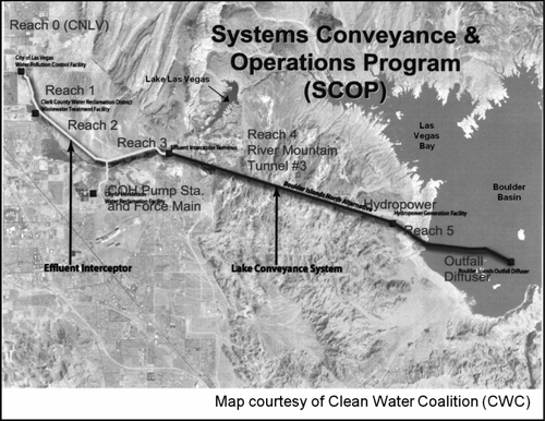 Figure 3 Path of the SCOP pipeline from the 3 treatment plants into the Boulder Basin of Lake Mead.